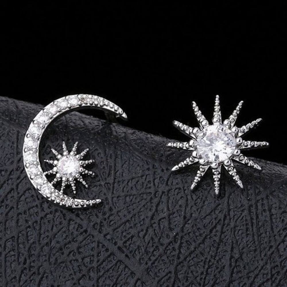 Sun‎ & Moon Stud Earrings Silver Diamond Celestial